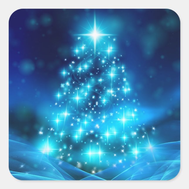 Moderner Electric Blue Christmas Tree mit Licht Quadratischer Aufkleber (Vorderseite)