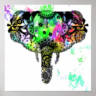 Moderner Elefant Mandala Regenbogenfarbe Spritzer Poster
