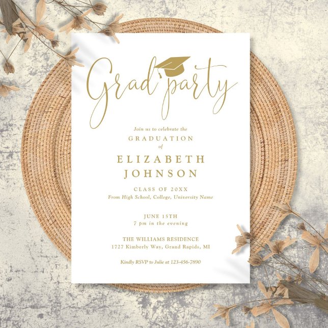 Moderner Elegant Gold Grad Party Script Abschluss Einladung (Modern Elegant Gold Grad Party Script Graduation Invitation)