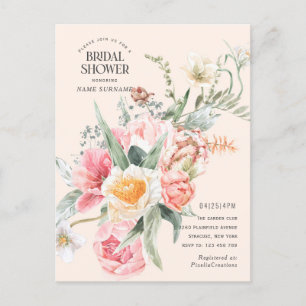 Moderner, eleganter Aquarellgarten mit Blumen und Einladungspostkarte