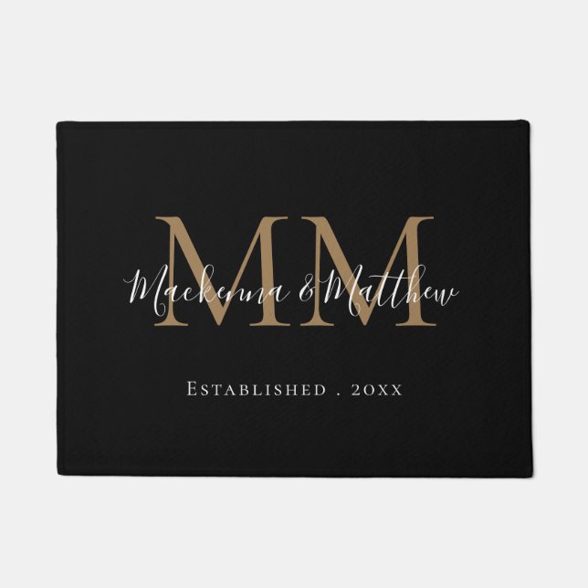 Moderner eleganter Black Gold-Newlywed Monogram Na Fußmatte (Vorderseite)