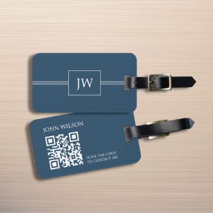 Moderner Eleganter Blue White Monogram QR Code Gepäckanhänger