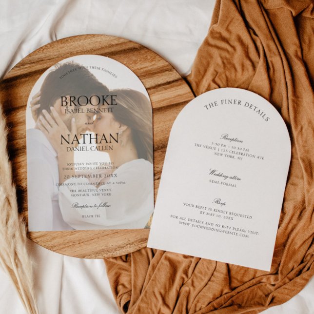 Moderner Eleganter Bogen Alles in einem Foto Hochz Einladung (Von Creator hochgeladen)