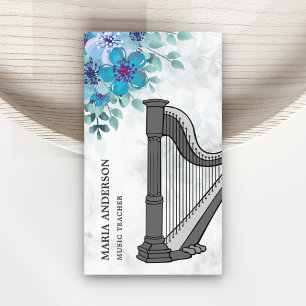 Moderner Eleganter Chic Blue Floral Harp Musiklehr Visitenkarte