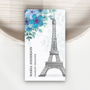 Moderner Eleganter Chic Blue Floral Paris Eiffeltu Visitenkarte