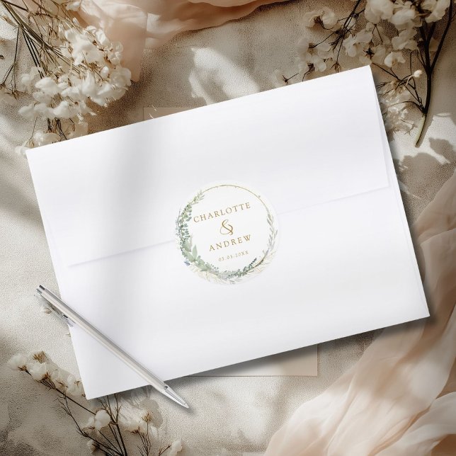Moderner, eleganter Eukalyptus-Hochzeitsticker Runder Aufkleber (Modern Elegant Eucalyptus Custom Wedding Sticker.)