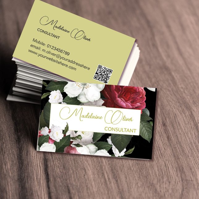 Moderner Eleganter floral Burgund QR Code Gold Visitenkarte (Von Creator hochgeladen)