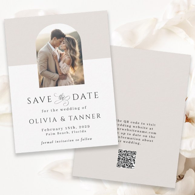 Moderner Eleganter Foto Arch QR-Code Save the Date (Available in both printed and instant download digital formats.)