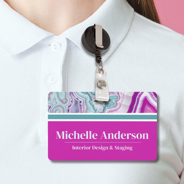 Moderner eleganter Geschäftsname Ausweis (Cute Monogram Initial Teal Magenta Agate Name Badge)