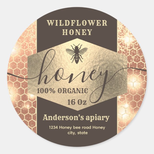 Moderner, eleganter, glänzender Goldbienenhonig Runder Aufkleber (Vorderseite)