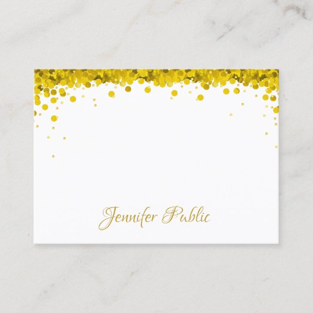 Moderner eleganter Gold Confetti Handschrift Text Visitenkarte (Vorderseite)