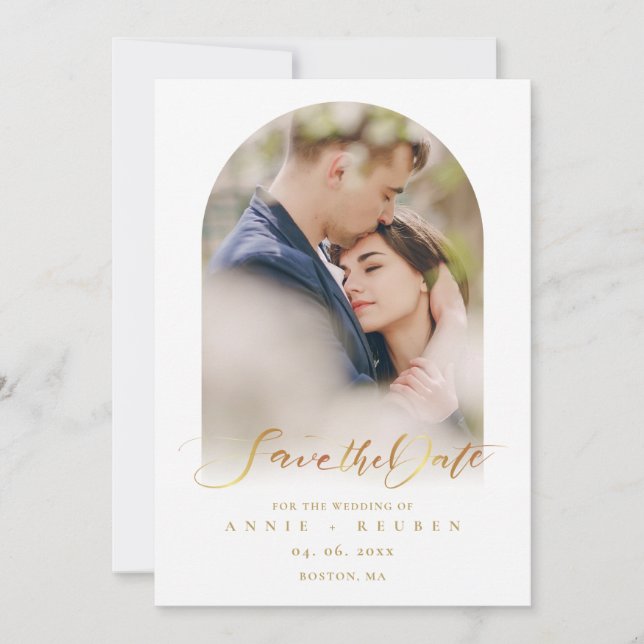 Moderner Eleganter Gold Script Foto Arch Save The Date (Vorderseite)