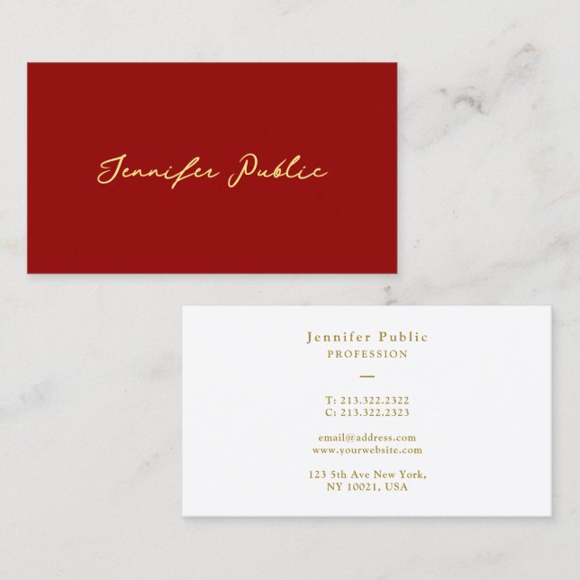 Moderner eleganter Gold Typografie Script Red Visitenkarte (Vorne/Hinten)