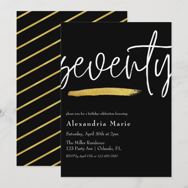 Moderner, eleganter Goldrausch 70. Geburtstag Einladung (Vorne/Hinten)