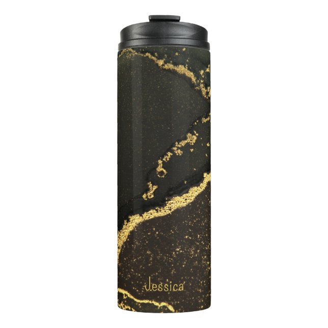 Moderner eleganter Name des Black and Gold Glitzer Thermosbecher (Vorderseite)