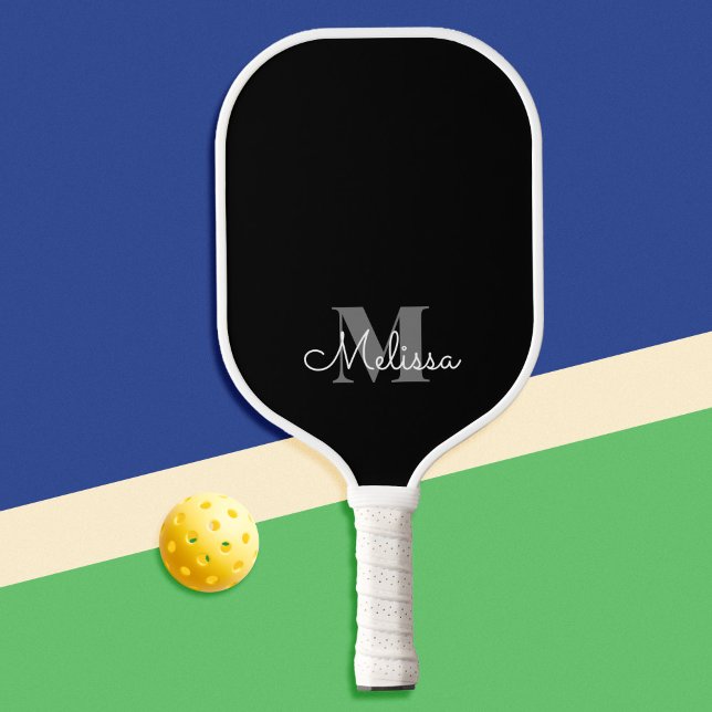 Moderner eleganter Name des Schwarzen Monogramms Pickleball Schläger (Von Creator hochgeladen)