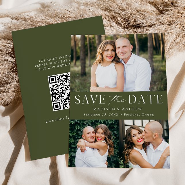 Moderner Eleganter Olive Green 3 Foto QR Code Save The Date (Von Creator hochgeladen)