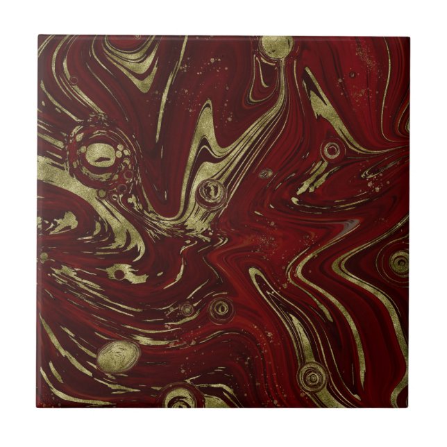Moderner eleganter Rot- und Goldmarmor Swirl  Fliese (Vorderseite)