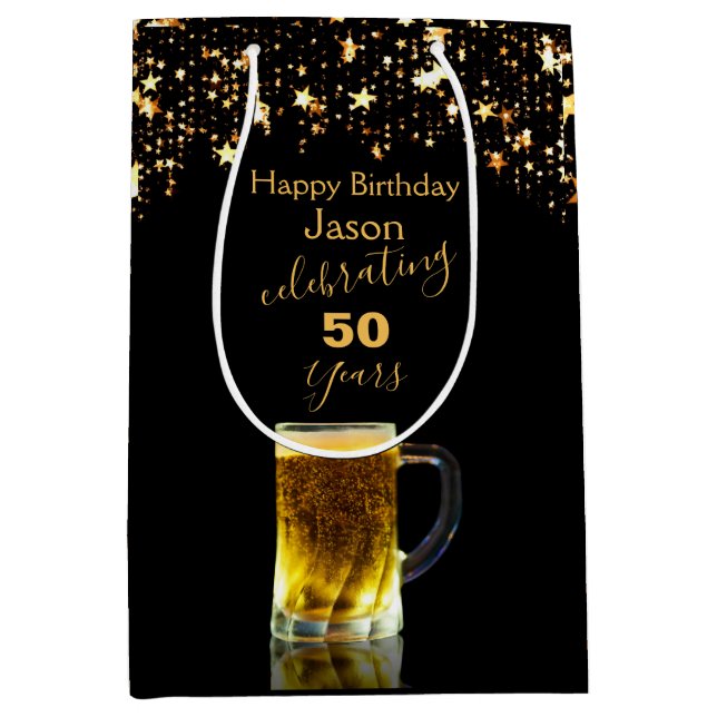 Moderner eleganter Schwarz-Gold-Glitzer Mittlere Geschenktüte (Vorderseite)