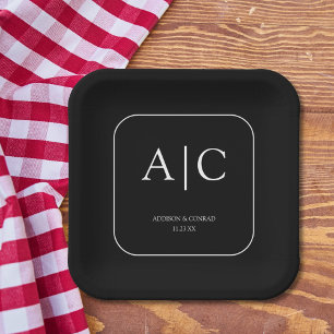 Moderner, eleganter Schwarzer Mongram-Hochzeitspla Pappteller