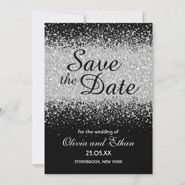 Moderner Eleganter Silver Glitzer auf Schwarz Save The Date (Vorderseite)