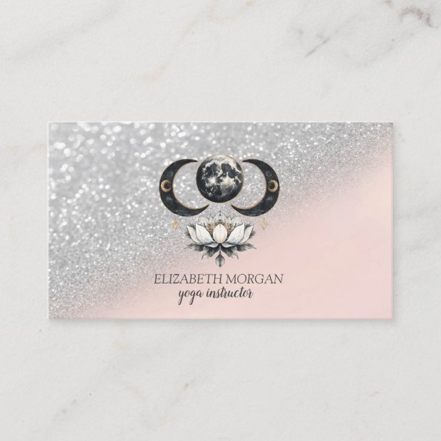 Moderner Eleganter Silver Glitzer Bokeh Lotus Visitenkarte (Vorderseite)