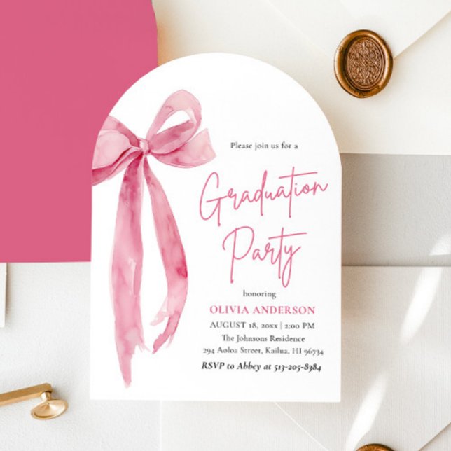 Moderner Eleganter Trendy Pink Bow Abschluss Arche Einladung (Modern Elegant Trendy Pink Bow Graduation Arched Invitation)