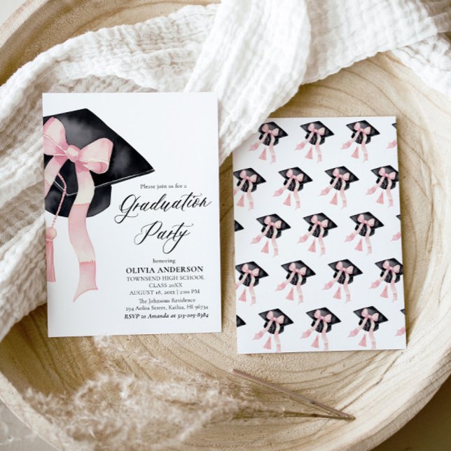 Moderner Eleganter Trendy Stilvoll Pink Bow Abschl Einladung (Watercolor Modern Elegant Trendy Stylish Pink Bow Graduation Invitation)