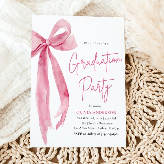 Moderner Eleganter Trendy Stilvoll Pink Bow Abschl Einladung (Modern Elegant Trendy Stylish Pink Bow Graduation Invitation)