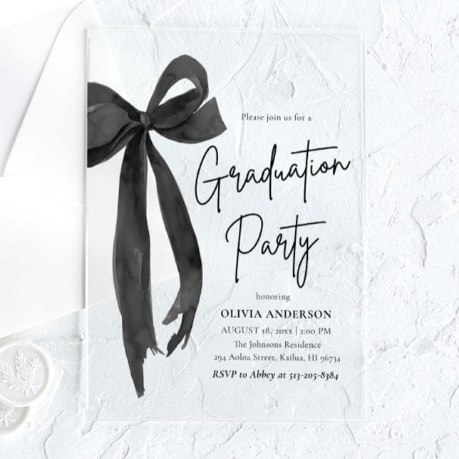 Moderner Eleganter Trendy Stilvoller Black Bow Abs Acryleinladungen (Modern Elegant Trendy Stylish Black Bow Graduation Acrylic Invitation)