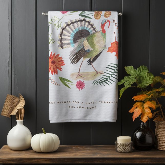 Moderner Eleganter Türkei Erntedank Botanisch Geschirrtuch (Modern Elegant Turkey Thanksgiving Botanical Kitchen Towel)