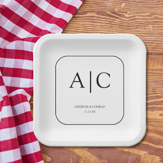 Moderner, eleganter weißer Mongram-Hochzeitsplatz Pappteller