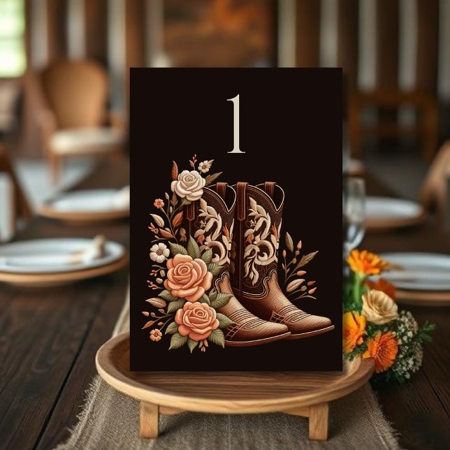 Moderner Eleganter Western - Blume Tischnummer (Country Western-Flowers with Cowboy Boots-Wedding dark Table Numbers)