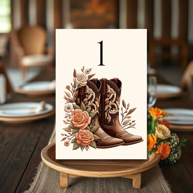 Moderner Eleganter Western - Blume Tischnummer (Country Western-Flowers with Cowboy Boots-Wedding Table Numbers)