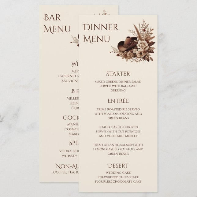 Moderner Eleganter Western - Blumen Menükarte (Vorne/Hinten)