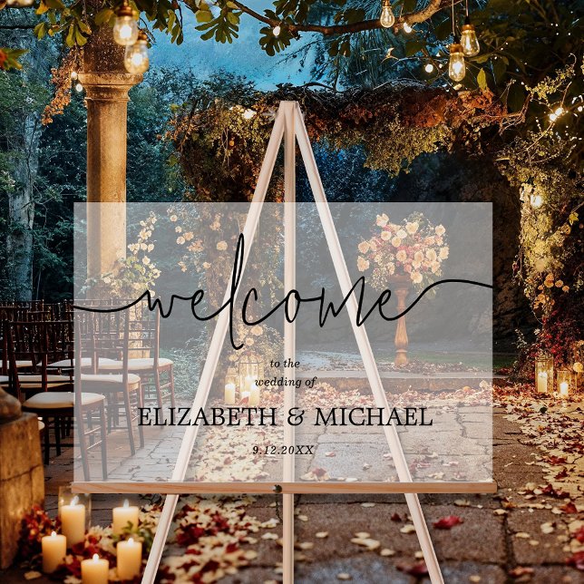 Moderner Empfang für MinimalWedding Acrylschild (Modern minimal wedding welcome transparent white acrylic sign)