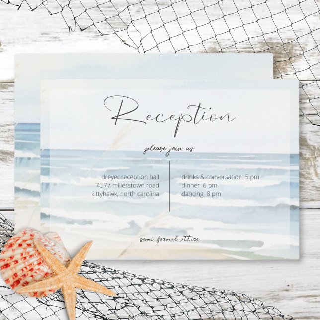 Moderner Empfang mit Hochzeitsfeiern am Strand Begleitkarte (Modern Seaside Watercolor Beach Wedding Reception Enclosure Card)