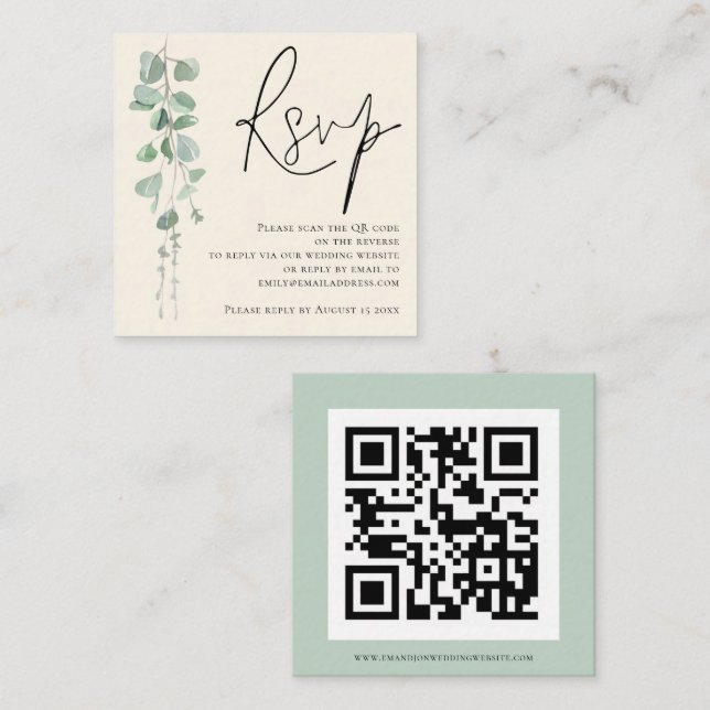 Moderner Eucalyptus Ivory Sage QR Code Wedding RSV Begleitkarte (Vorne/Hinten)