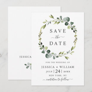 Moderner Eukalyptus-Blumenkranzrahmen Hochzeit Save The Date