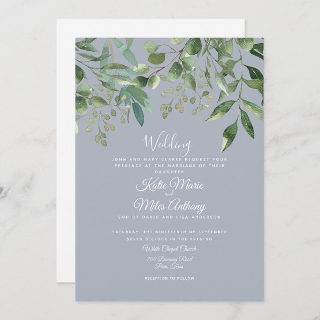 Moderner Eukalyptus Foliage Dusty Blue Wedding Inv Einladung (Vorne/Hinten)