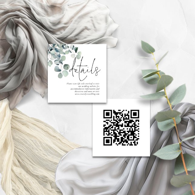 Moderner Eukalyptus QR Code Hochzeitsdetails Begleitkarte (Front and back view)