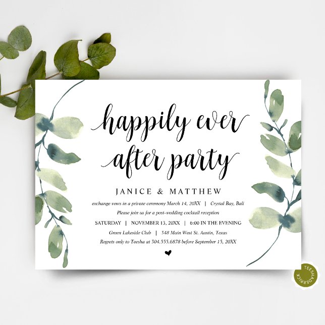 Moderner Eukalyptus, Schwarz, Hochzeitsfeier Party Einladung (Wedding Elopement Party,  Dinner and Dancing Invitation Card, in Modern Eucalyptus Greenery themed)