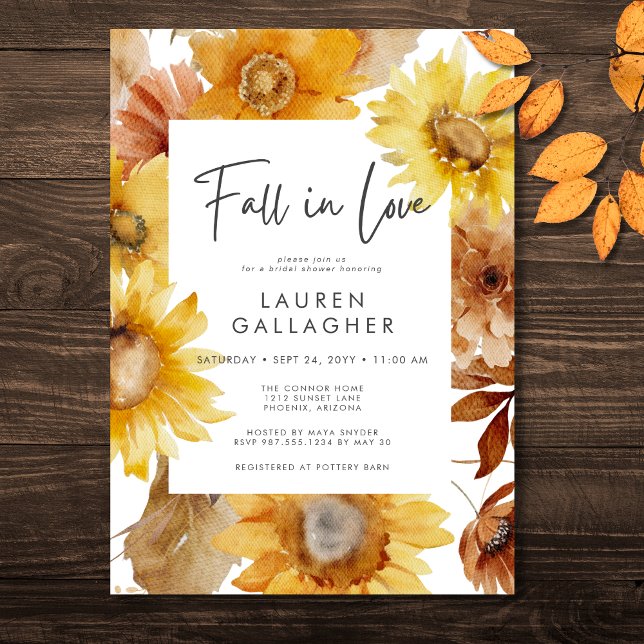 Moderner Fall der Liebe Sonnenblumen Brautparty Einladung (Modern Fall In Love Sunflower Floral Bridal Shower Invitation)