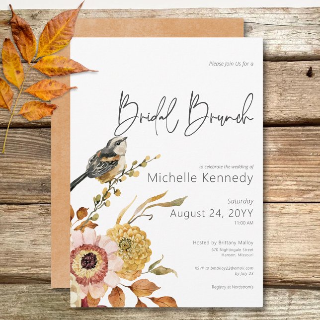Moderner Fall Floral & Bird Bridal Brunch Einladung (Modern Fall Floral & Bird Bridal Brunch Invitation)