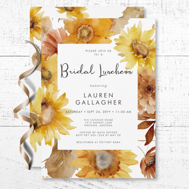 Moderner Fall Sonnenblumen Blumenrahmen Bridal Mit Einladung (Modern Fall Sunflower Floral Frame Bridal Luncheon Invitation)