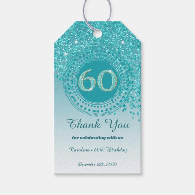 Moderner Falling Aquamarin Blue Glitzer 60. Geburt Geschenkanhänger (Vorderseite)