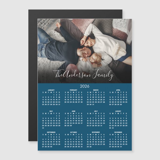 Moderner Familienfoto-Kalender 2026 Blau Magnet (Vorne/Hinten)
