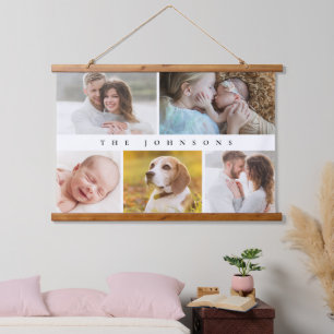 Moderner Familienname Foto Collage Classic Wandteppich Mit Holzrahmen