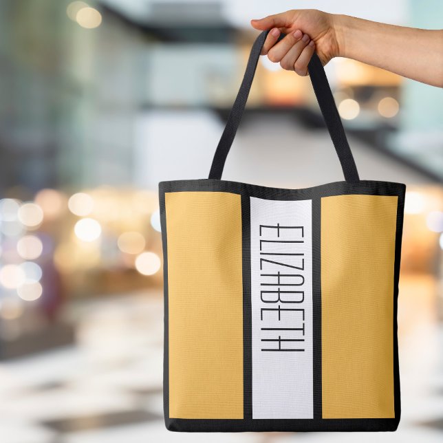 Moderner Farbblock Personalisiert Mit Monogramm ge (Modern Color Block Personalized Monogrammed Name Yellow, Black & White Tote Canvas Shopping Tote Bag)