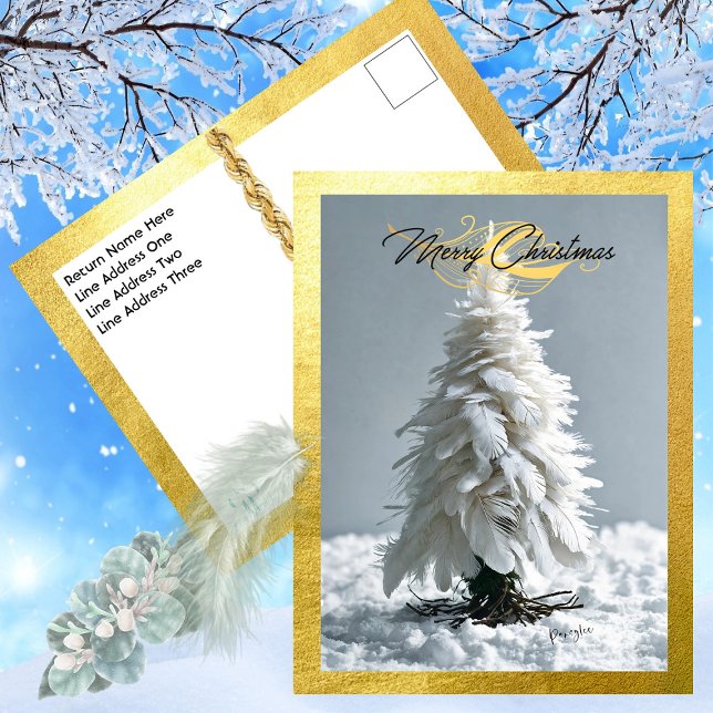 Moderner Feather Weihnachtsbaum Feiertagspostkarte (Capture Your Recipients Heart - White Feather  Tree - Surrounded in Opulent Gold)